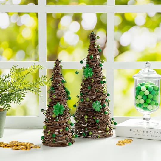Glitzhome® St. Patrick's Rattan Shamrock & Berry Table Tree Set